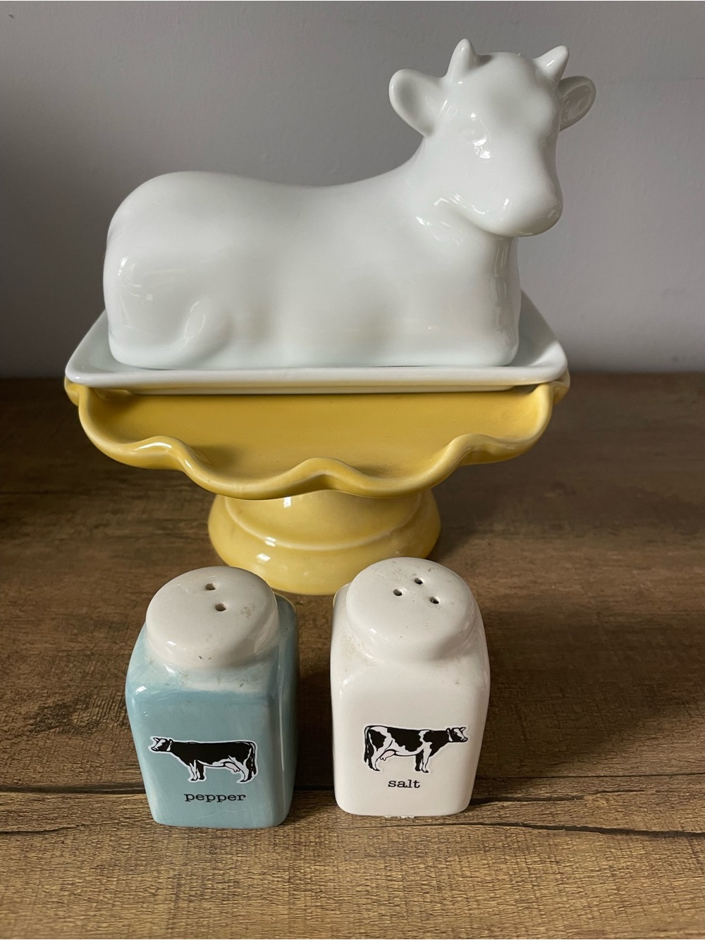White Ceramic Cow Butter Dish and Salt & Pepper Shakers